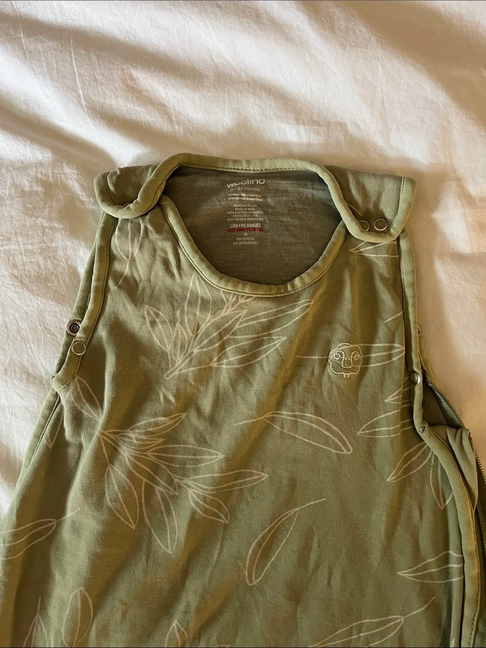 Woolino Olive Green Baby Sleep Sack with Leaf Print